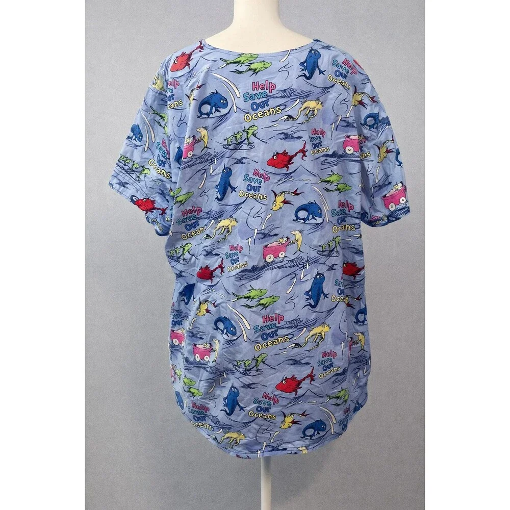 Dr. Seuss Help Save Our Oceans Medical Scrub Top 3XL Light Blue 2 Pocket V-Neck - Picture 3 of 6